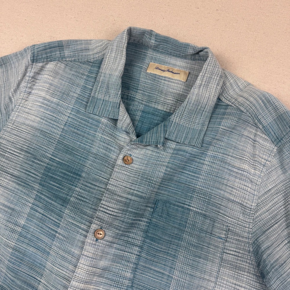 Tommy Bahama XL Button Down Shirt Mens Blue Silk Cotton Plaid Short Sleeve